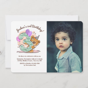 Teddybeer 3 jaar oude foto-uitnodiging kaart