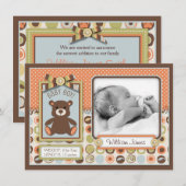 Teddybeer 3D-uitzicht Boog & Knoop Geboorteaankond Aankondiging (Voorkant / Achterkant)