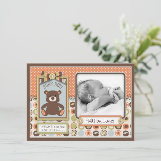 Teddybeer 3D-uitzicht Boog & Knoop Geboorteaankond Aankondiging (Staand voorkant)