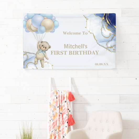 Teddybeer Abstract Blauw Gouden Ballon Welkom Spandoek (Insitu)