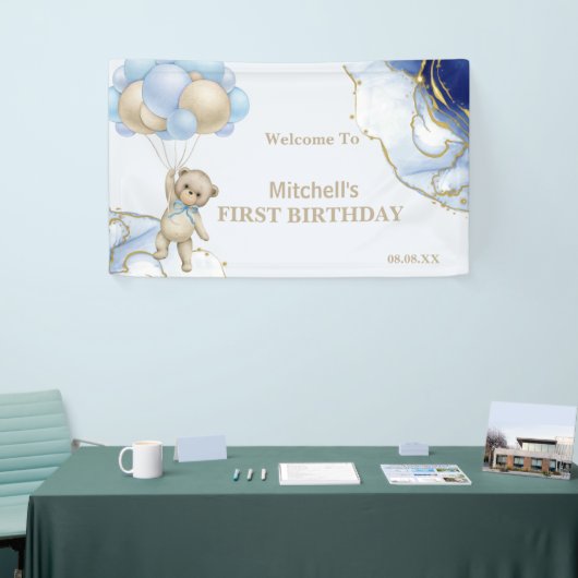 Teddybeer Abstract Blauw Gouden Ballon Welkom Spandoek (Beurs)