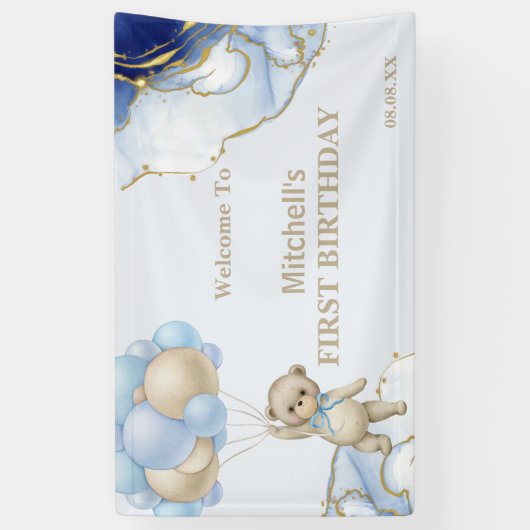 Teddybeer Abstract Blauw Gouden Ballon Welkom Spandoek (Verticaal)