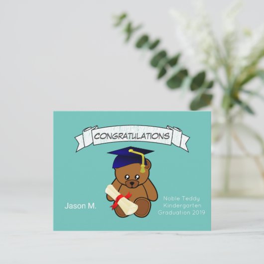 Teddybeer afstuderen in neon licht blauwgroen briefkaart (Staand voorkant)