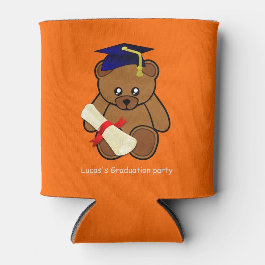 Teddybeer afstuderen in neon sinaasappel blikjeskoeler (Voorkant)