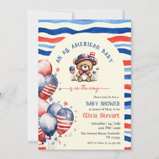 Teddybeer All American Baby 4 juli babyshower Kaart