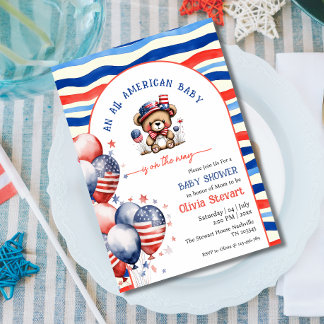 Teddybeer All American Baby 4 juli babyshower Kaart