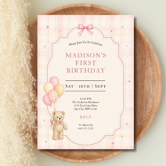 Teddybeer Babemeisje 1e Verjaardagsuitnodiging
