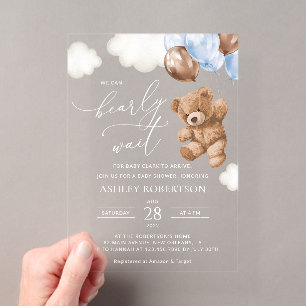 Teddybeer, Baby-Beer, Blauwe ballonnen, Baby showe Acryl Uitnodigingen