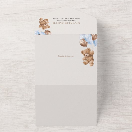 Teddybeer, Baby-Beer, Blauwe ballonnen, Baby showe All In One Uitnodiging (Buitenkant)