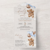 Teddybeer, Baby-Beer, Blauwe ballonnen, Baby showe All In One Uitnodiging (Binnen)