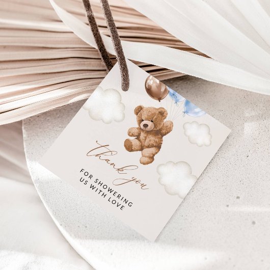Teddybeer, Baby-Beer, Blauwe ballonnen, Baby showe Bedankjes Labels