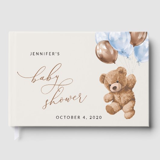 Teddybeer, Baby-Beer, Blauwe ballonnen, Baby showe Gastenboek (Voorkant)