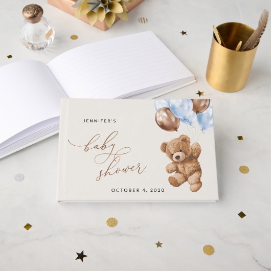 Teddybeer, Baby-Beer, Blauwe ballonnen, Baby showe Gastenboek (Voorkant open)