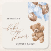 Teddybeer, Baby-Beer, Blauwe ballonnen, Baby showe Kartonnen Onderzetters (Voorkant)