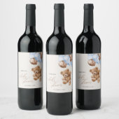 Teddybeer, Baby-Beer, Blauwe ballonnen, Baby showe Wijn Etiket (Flessen)