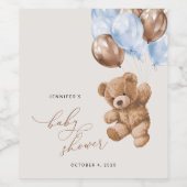 Teddybeer, Baby-Beer, Blauwe ballonnen, Baby showe Wijn Etiket (Enkel label)