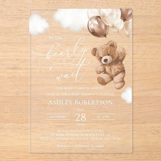 Teddybeer, Baby-Beer, bruine ballonnen, Baby showe Acryl Uitnodigingen (Voorkant)