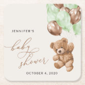 Teddybeer, Baby-Beer, groene ballonnen, Baby showe Kartonnen Onderzetters (Voorkant)