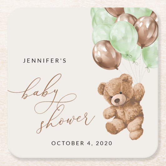 Teddybeer, Baby-Beer, groene ballonnen, Baby showe Kartonnen Onderzetters (Voorkant)