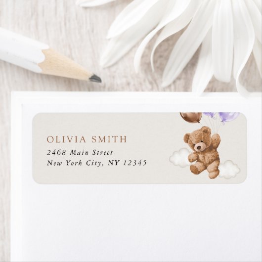 Teddybeer, Baby-Beer, Paarse ballon, Baby shower Etiket (Insitu)