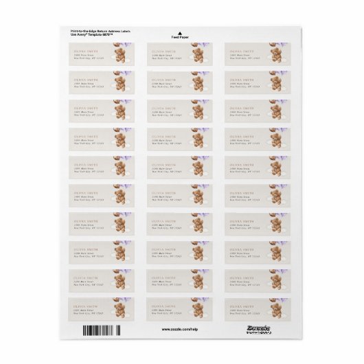 Teddybeer, Baby-Beer, Paarse ballon, Baby shower Etiket (Full Sheet)