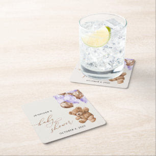 Teddybeer, Baby-Beer, Paarse ballon, Baby shower Kartonnen Onderzetters