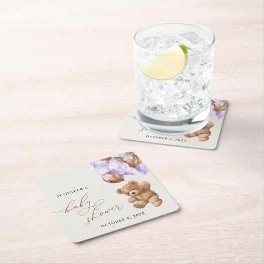 Teddybeer, Baby-Beer, Paarse ballon, Baby shower Kartonnen Onderzetters (Insitu)