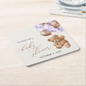 Teddybeer, Baby-Beer, Paarse ballon, Baby shower Kartonnen Onderzetters (Schuin)