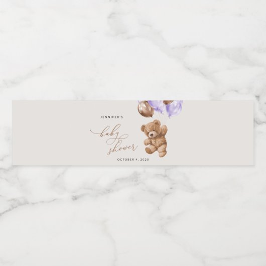 Teddybeer, Baby-Beer, Paarse ballon, Baby shower Waterfles Etiket (Enkel label)