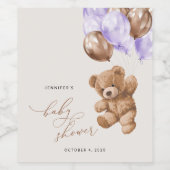 Teddybeer, Baby-Beer, Paarse ballon, Baby shower Wijn Etiket (Enkel label)