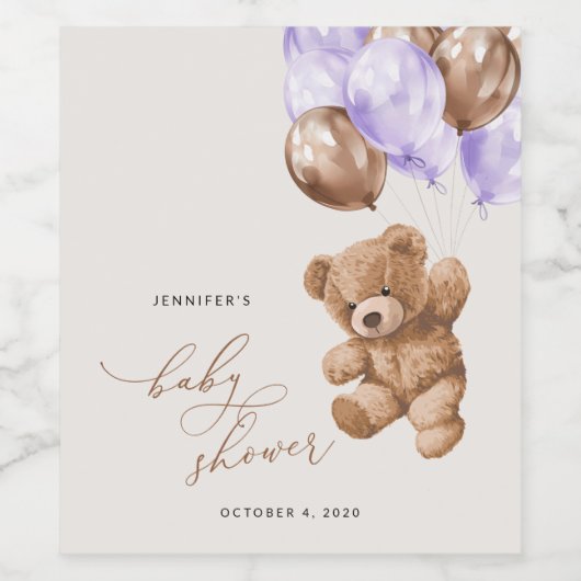 Teddybeer, Baby-Beer, Paarse ballon, Baby shower Wijn Etiket (Enkel label)