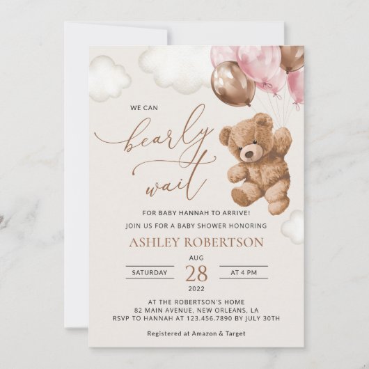 Teddybeer, Baby-Beer, roze ballonnen, Baby shower Kaart (Voorkant)