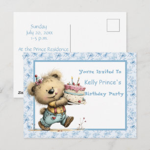 Teddybeer baby jongen verjaardagsuitnodiging briefkaart