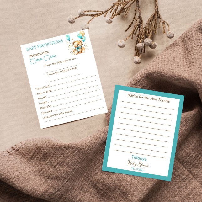 Teddybeer baby shower baby voorspellingen advies (Teddy bear baby shower Baby predictions and advice card bearly wait cute teddy aqua blue brown games)