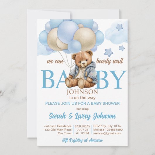 Teddybeer baby shower bearly wacht schattig teddy kaart (Voorkant)