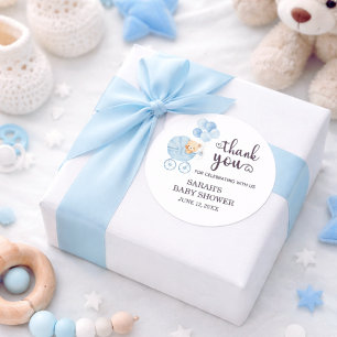 Teddybeer Baby Shower Blauw Waterverf Bedanktkaart Ronde Sticker