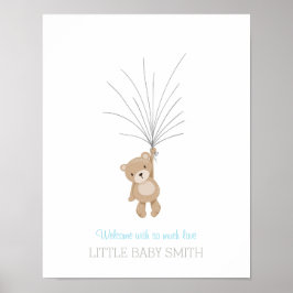 Teddybeer baby shower gastboek blauw poster