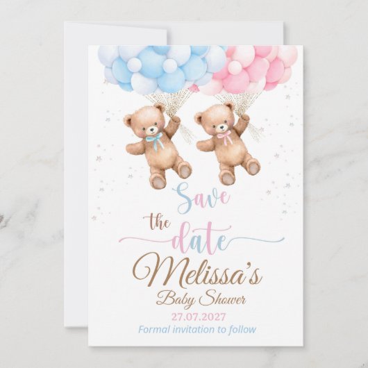 Teddybeer Baby shower Gender Reveal Save the date Kaart (Voorkant)