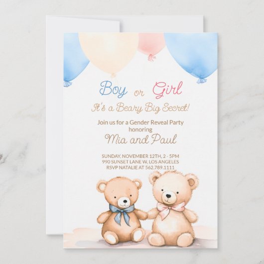 teddybeer Baby shower Geslacht onthulling uitnodig Kaart (Voorkant)