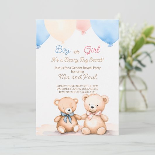 teddybeer Baby shower Geslacht onthulling uitnodig Kaart (Staand voorkant)