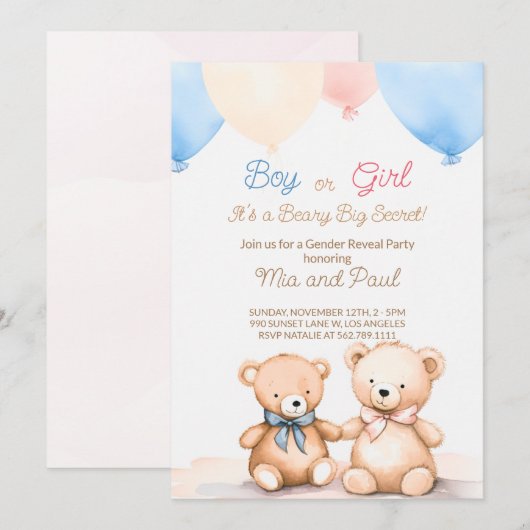 teddybeer Baby shower Geslacht onthulling uitnodig Kaart (Voorkant / Achterkant)