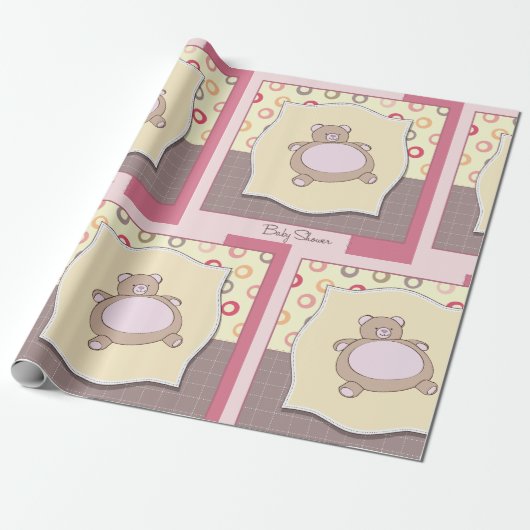 Teddybeer Baby shower met retro cirkels Cadeaupapier (Uitgerold)