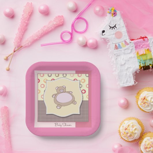 Teddybeer Baby shower met retro cirkels Papieren Bordje (Feest)