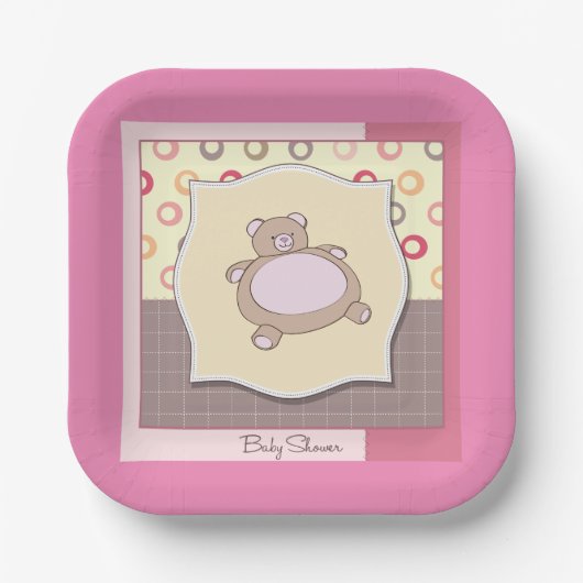 Teddybeer Baby shower met retro cirkels Papieren Bordje (Voorkant)