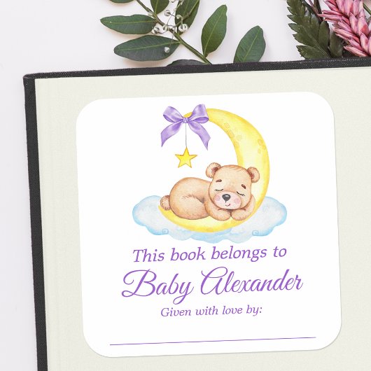Teddybeer Baby shower Paarse Bookplate Labels