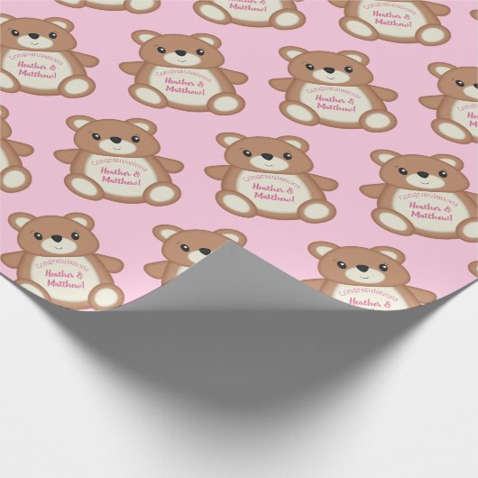 Teddybeer Baby shower roze meisje Cadeaupapier (Hoek)