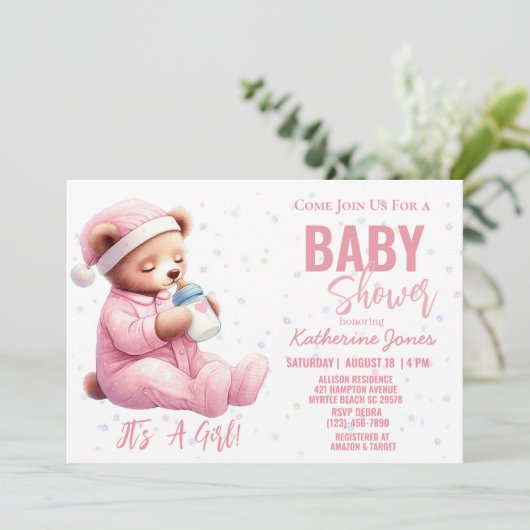 Teddybeer Baby shower roze meisje Kaart (Staand voorkant)