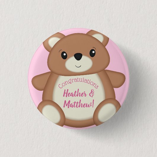 Teddybeer Baby shower roze meisje Ronde Button 3,2 Cm (Voorkant)
