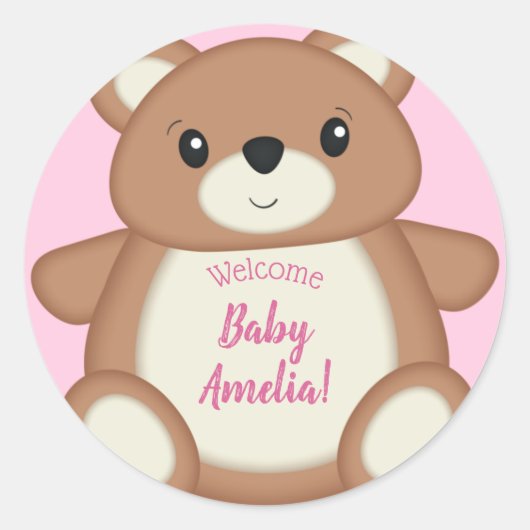 Teddybeer Baby shower roze meisje Ronde Sticker (Voorkant)
