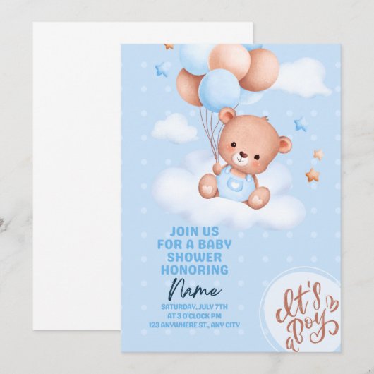 Teddybeer Baby shower uitnodigen Kaart (Voorkant / Achterkant)